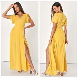 Lulus Much Obliged Golden Yellow Wrap Maxi Dress